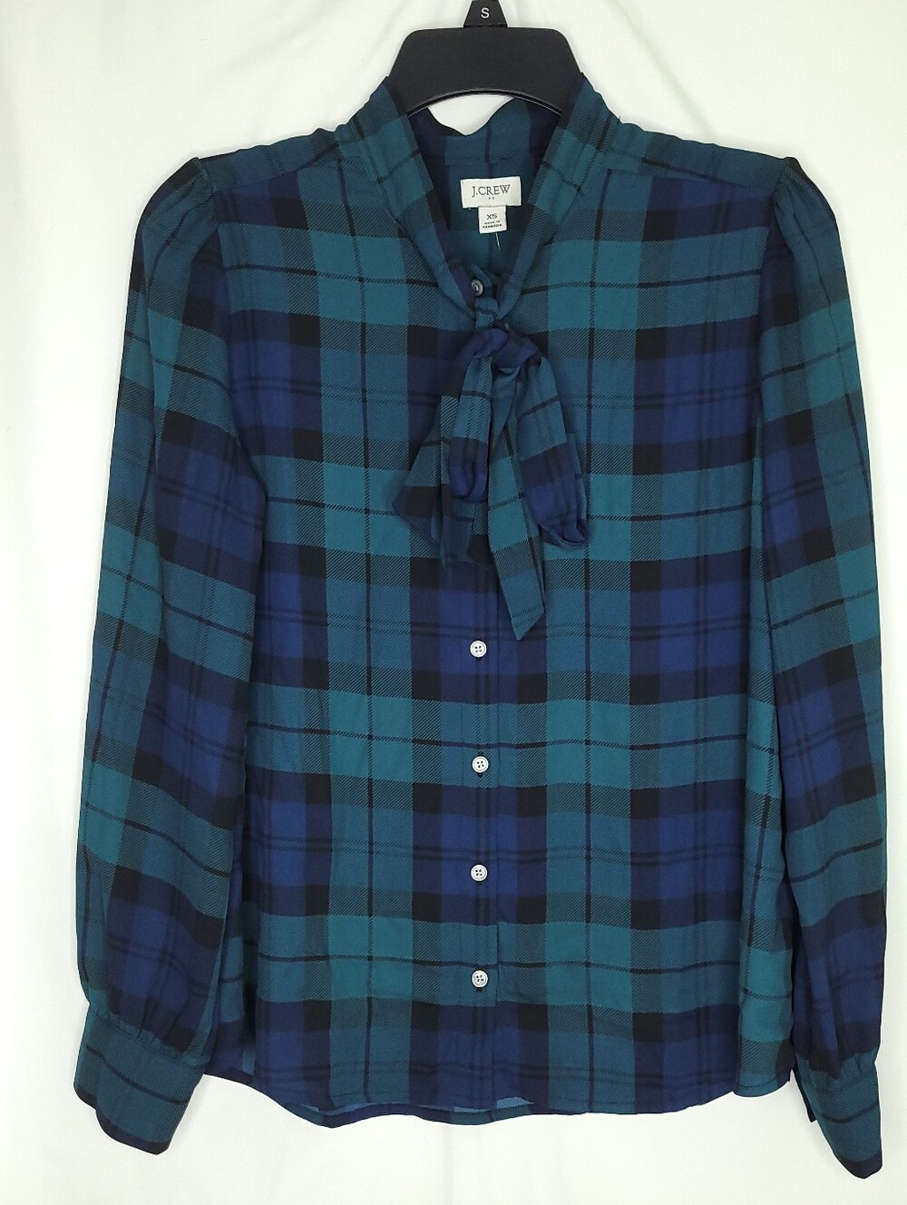 J CREW FACTORY Women's Black Watch Plaid Bow Neck Blouse Preppy XS (NWT)